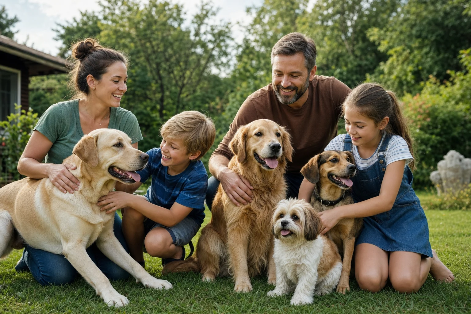 Familie mit Hund im Garten als Einstieg in Hund anschaffen