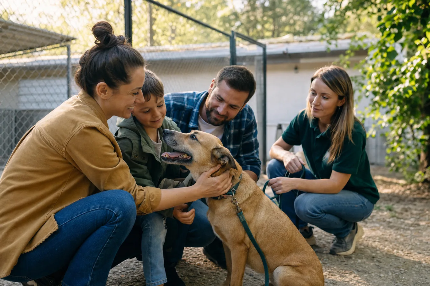 Familie lernt einen möglichen Familienhund ruhig kennen