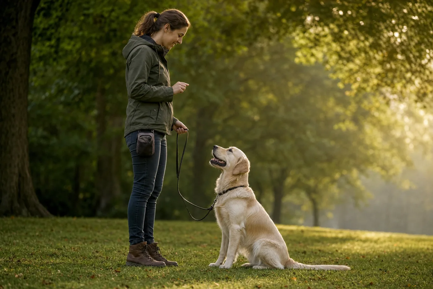 Hund trainiert ruhig mit positiver Verstärkung und lockerer Leine