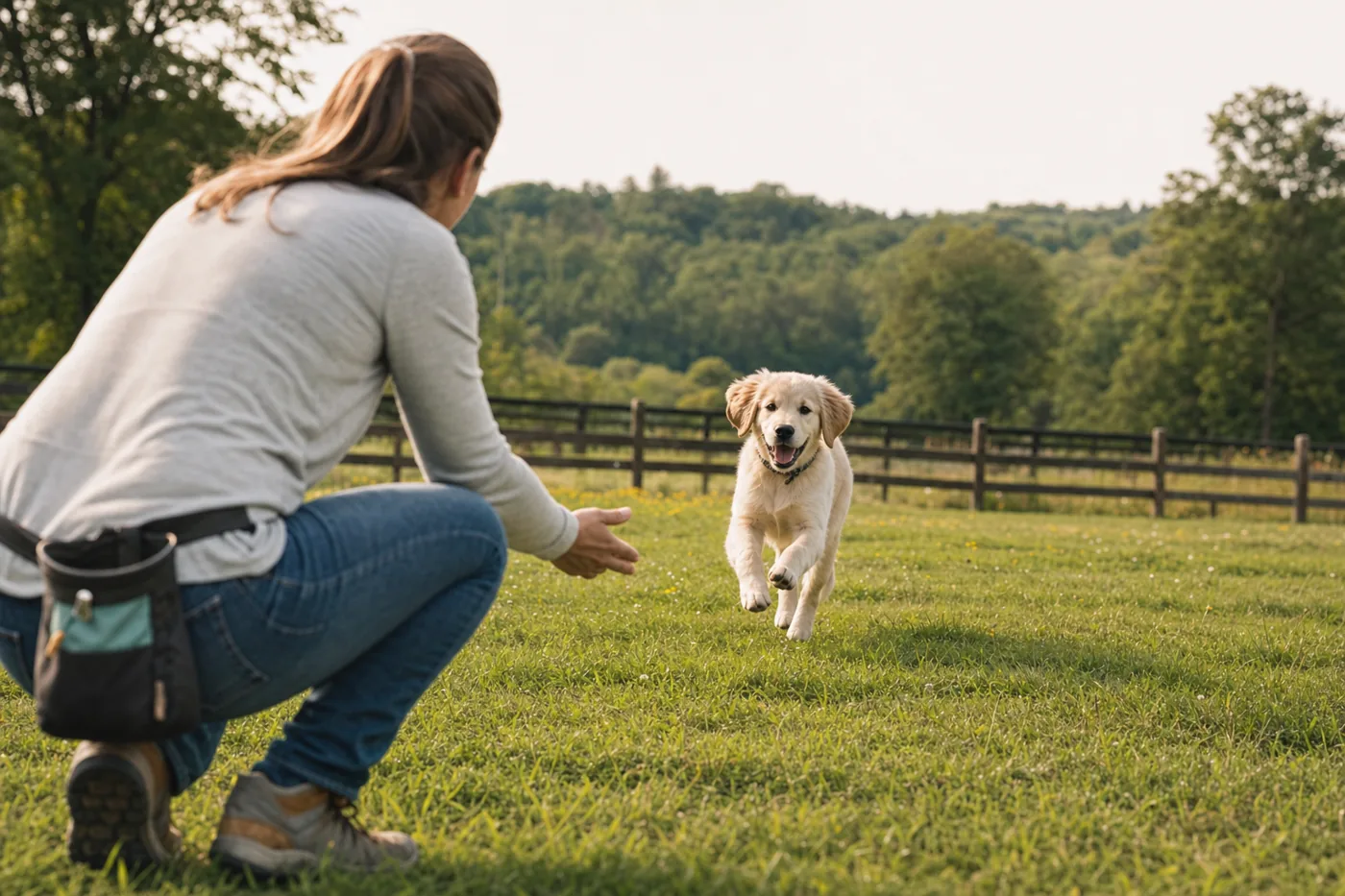 Hund läuft beim Rückruf auf einer Wiese zum Halter