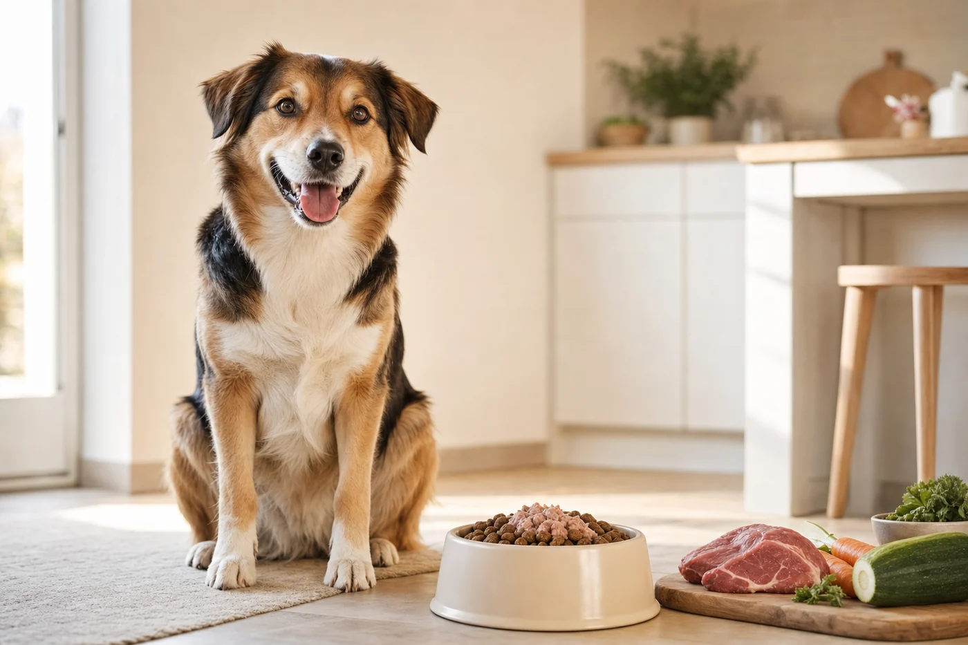 Hund sitzt neben Futternapf und Zutaten als Hundefutter Ratgeber Einstieg