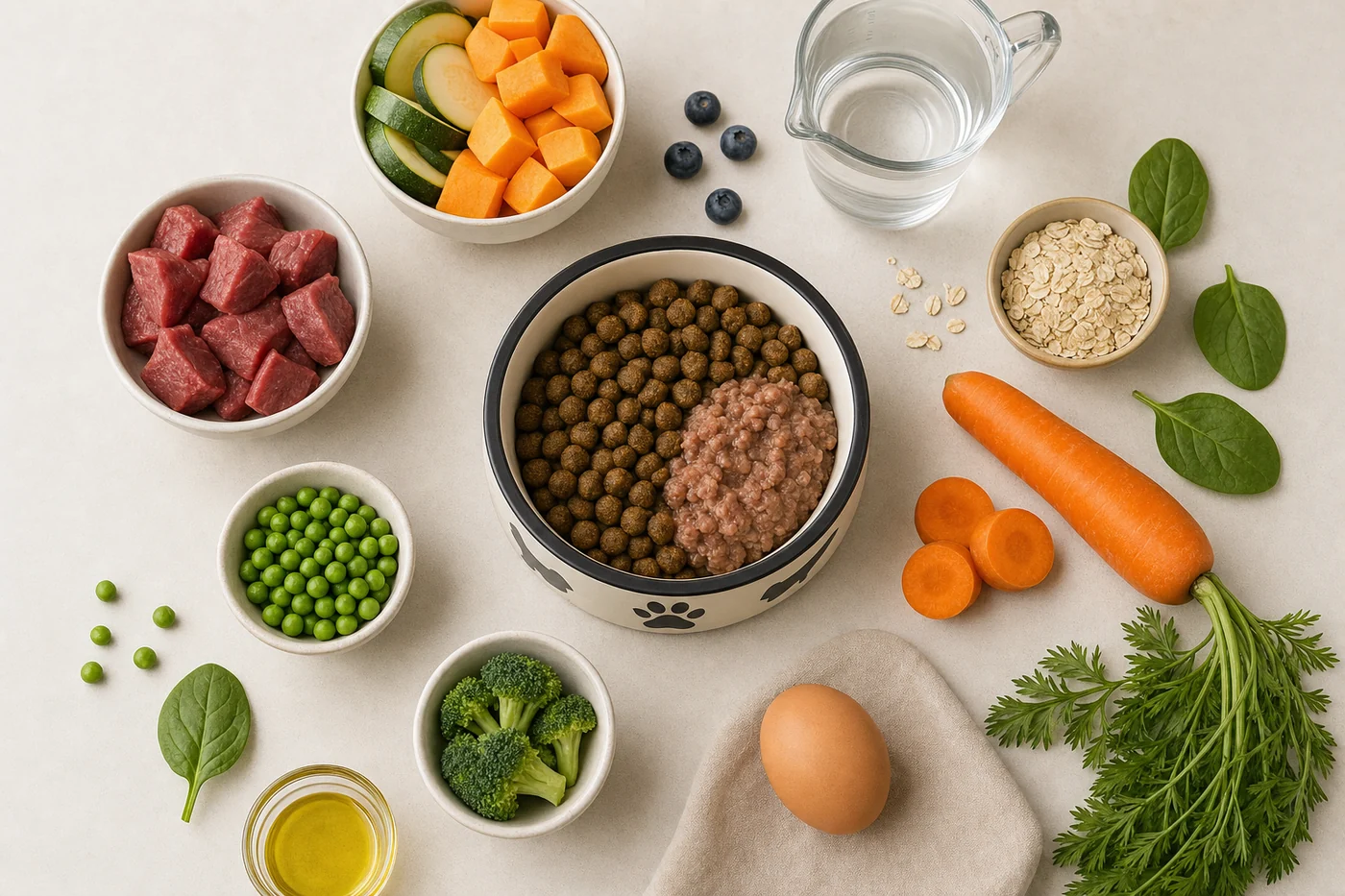 Hundefutter Zutaten und Napf als Vergleich