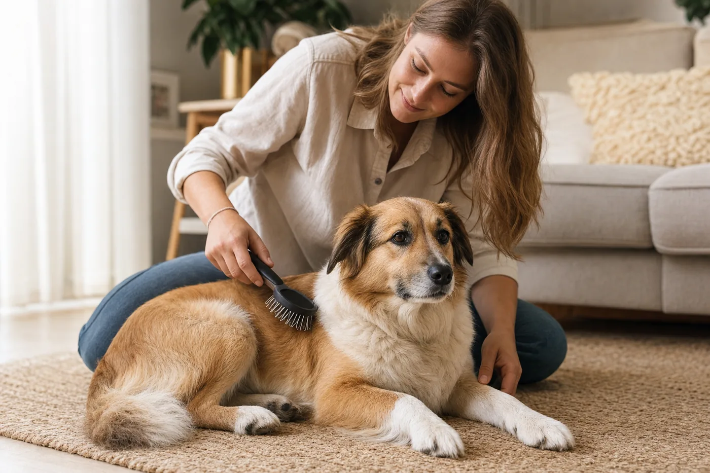 Hund wird zuhause ruhig gebĂŒrstet