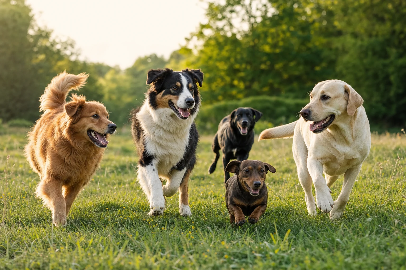 Mehrere glückliche Hunde laufen gemeinsam über eine sonnige Wiese
